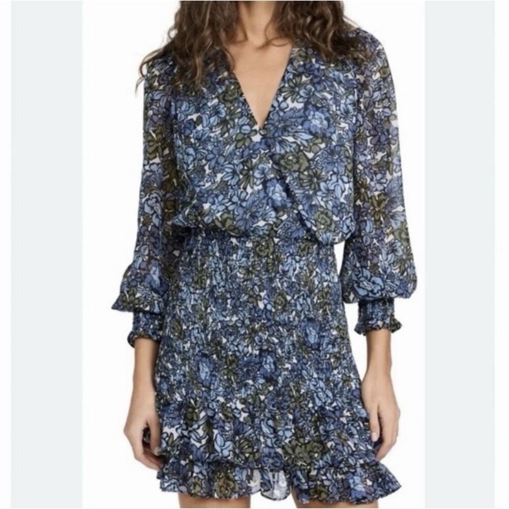 Veronica Beard Saera Blue Multi Floral Smocked Crepe V-Neck Mini Dress Sz 4